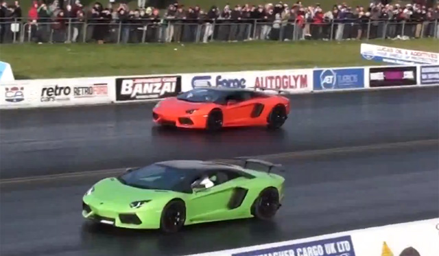 Two Oakley Design Lamborghini Aventadors Race on the Drag Strip