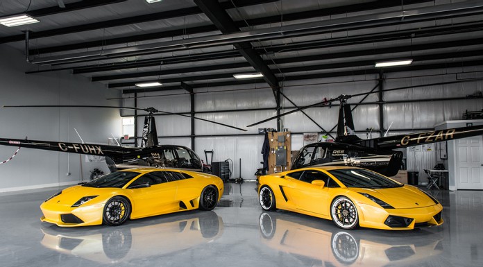 Yellow Lamborghini Murcielago and Gallardo Pose With Helicopters