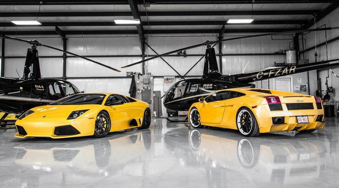 Yellow Lamborghini Murcielago and Gallardo Pose With Helicopters