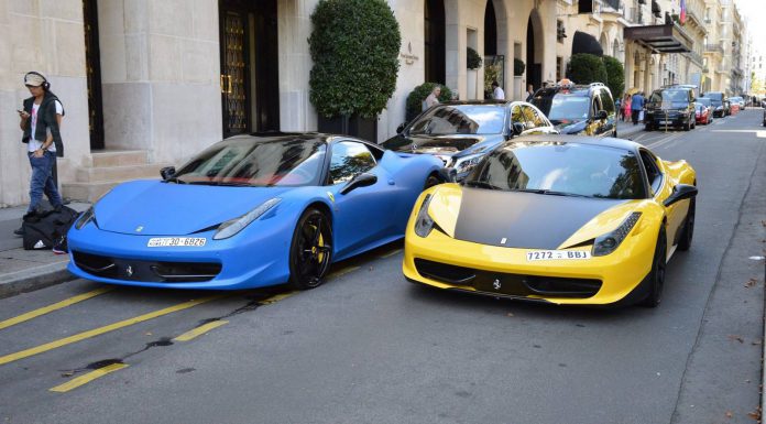 Matt Blue and Yellow Ferrari 458 Italia Duo in Paris