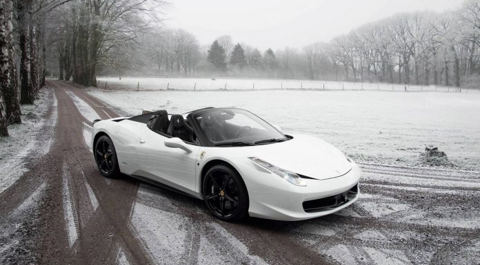 Bianco Ferrari 458 Spider Out in the Snow 