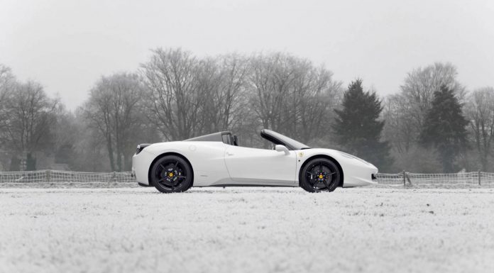 Bianco Ferrari 458 Spider Out in the Snow 