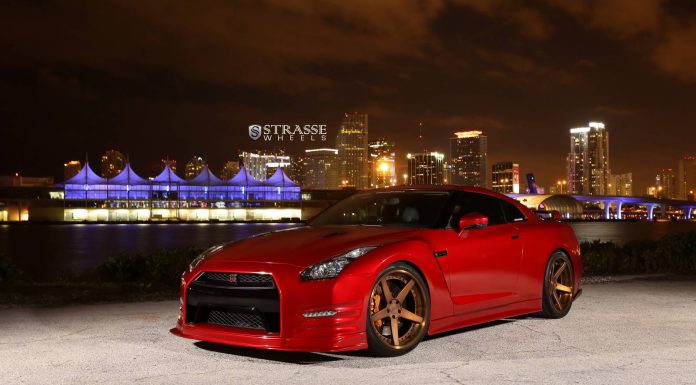 Satin True Blood Nissan GT-R with Brushed Bronze Strasse Wheels