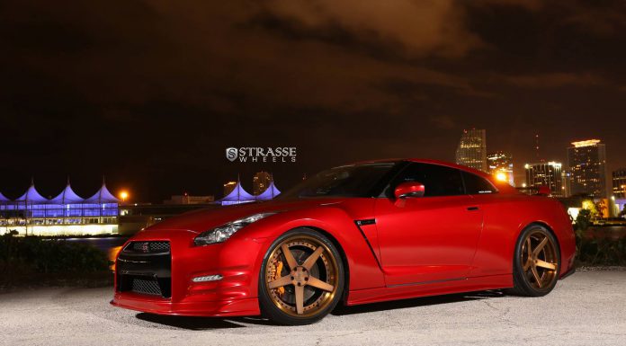 Satin True Blood Nissan GT-R with Brushed Bronze Strasse Wheels