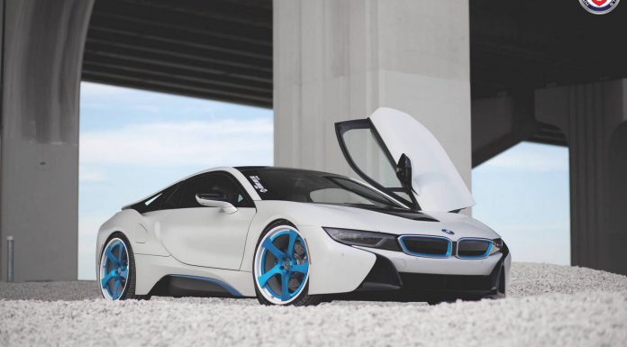 White BMW i8 Lowered on Blue HRE Wheels 