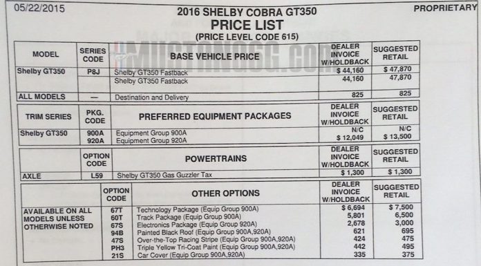 2016 Shelby Mustang GT350R price list