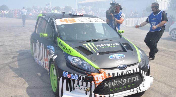 Ken Block comes to a tyre smoking halt for TV crews at 2011 Festival of Speed