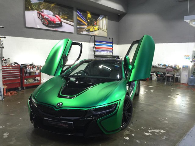 BMW i8 Wrapped in Matte Green Chrome