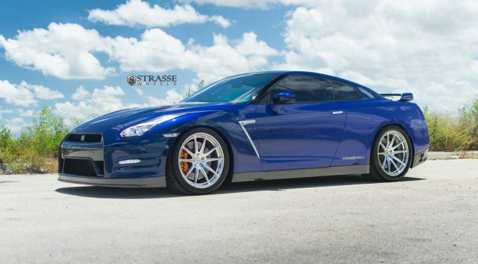 Blue Pearl Nissan GT-R with Brushed Aluminum Strasse Wheels