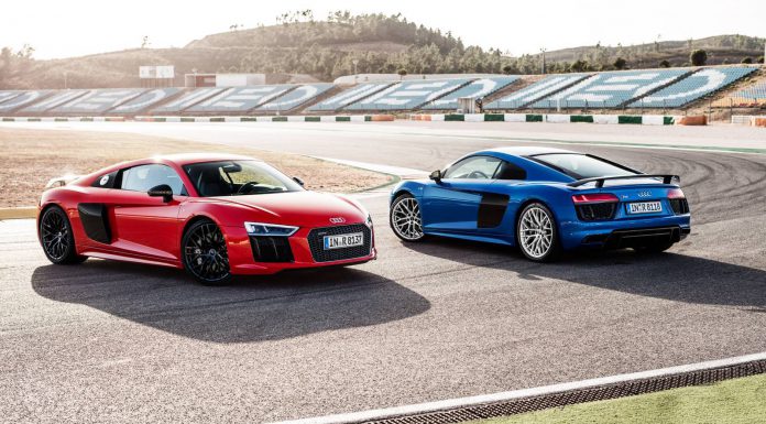 Red and Blue Audi R8 V10 Plus