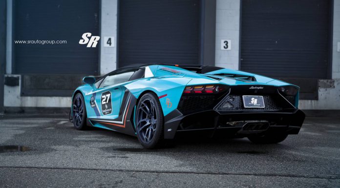 Blue Lamborghini Aventador rear view