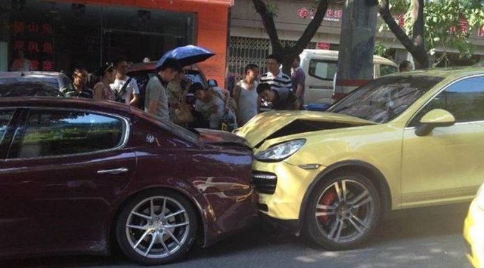 Car Crash: Angry Chinese Lady Her Porsche Cayenne into Husband's Maserati Quattroporte