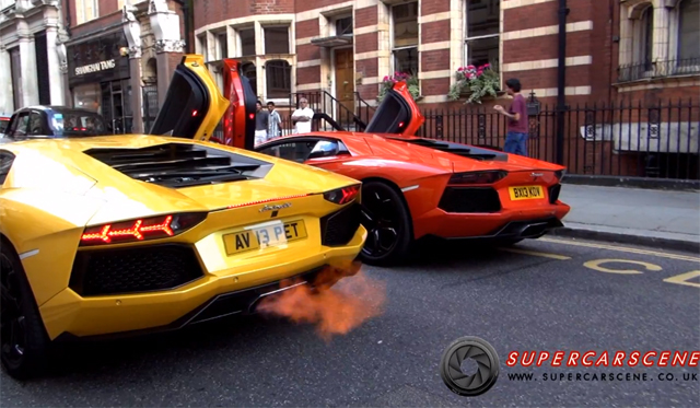 Video: Dual Flame-Throwers, Two Aventadors' Rev Battle in London!