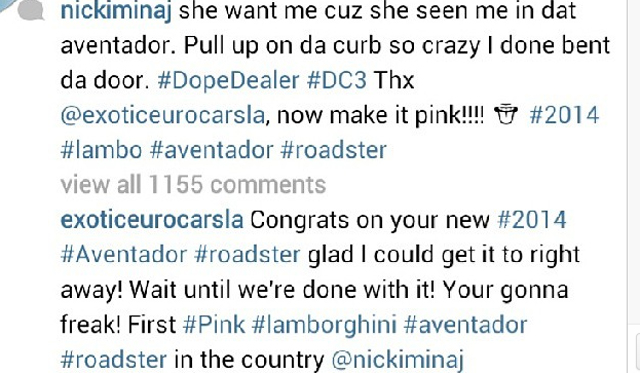 Nicki Minaj Acquires 2014 Lamborghini Aventador Roadster; Wants it Painted Pink