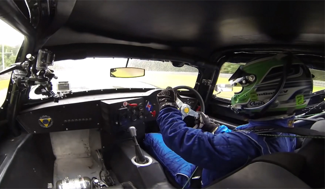 Chris Harris in Jaguar Lister Coupe at Le Mans Legend 2013