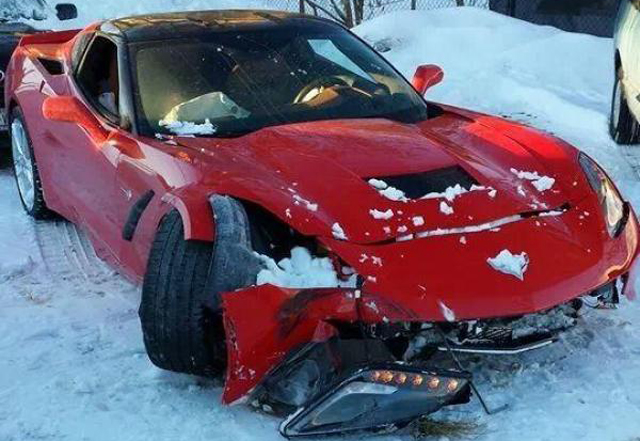 Red C7 Corvette Stingray Crashes in the Snow