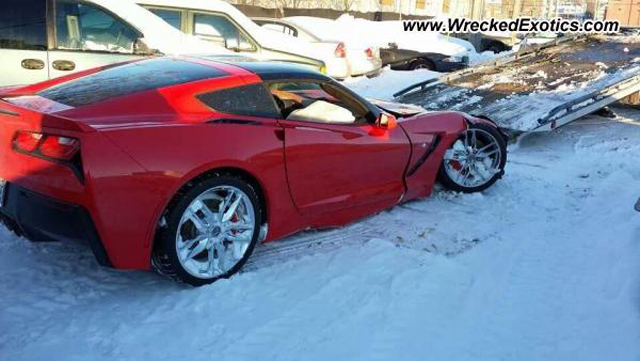 Red C7 Corvette Stingray Crashes in the Snow