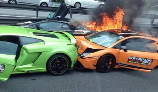 Two Lamborghini Gallardos and Aventador Crash and Burn in Malaysia