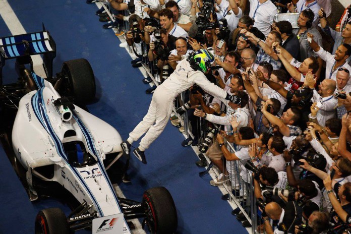 Massa celebrates P2 finish at Yas Marina Circuit, Abu Dhabi, November 2014.